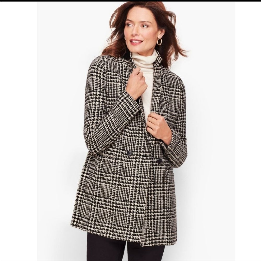 Talbots Long Wool Jacket Blazer Coat Black White Houndstooth Plaid Size 8 petite